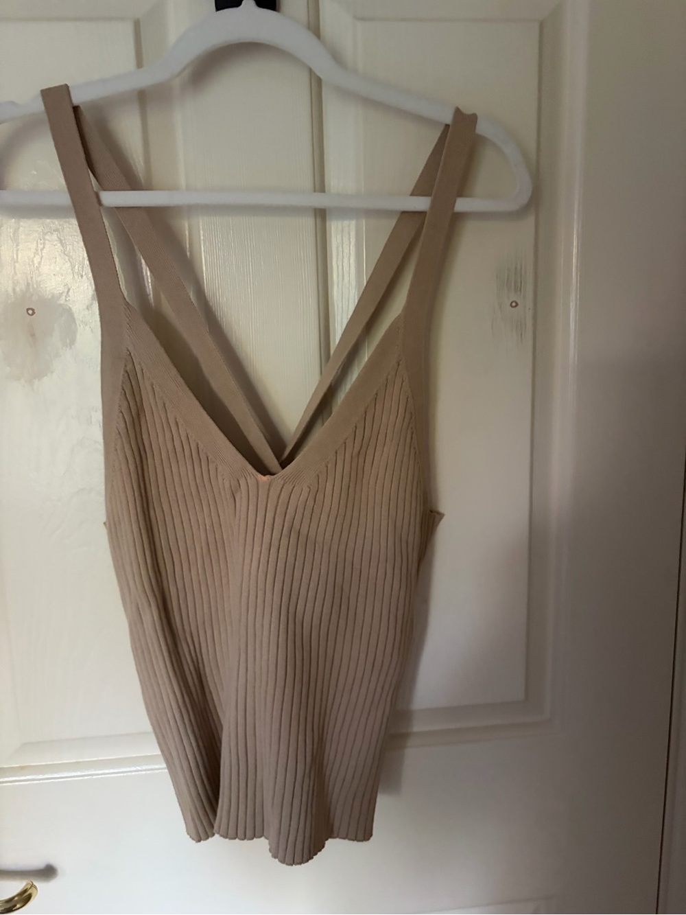 Banana Republic Factory Ribbed V-Neck Tank in Beige cross back
